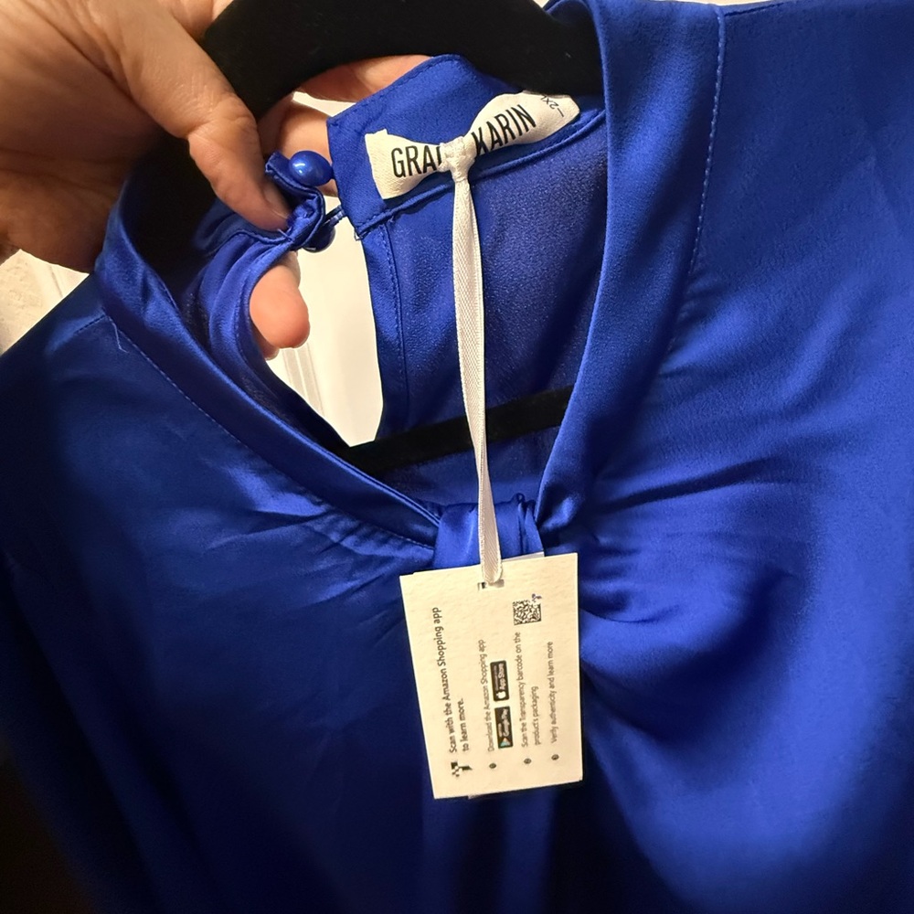 Grace Karin Royal Blue Satin Twist Neck Blouse | Loose Fit | NWT - Picture 5 of 7